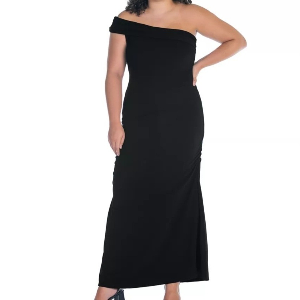 24 Seven Formal One Shoulder Rouched Mermaid Maxi Black Dress Womens Size 3X‎